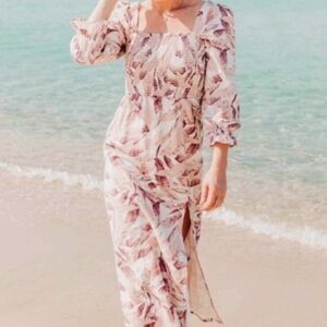 House of Harlow 1960 Tropical Palm Leaf Linen Blend Smocked Midi Dress Sz Small